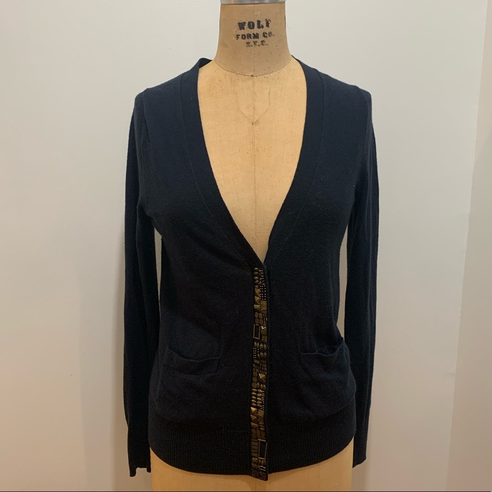 Vintage Gap Black Embellished Gold Beading V-Neck Black Cardigan S